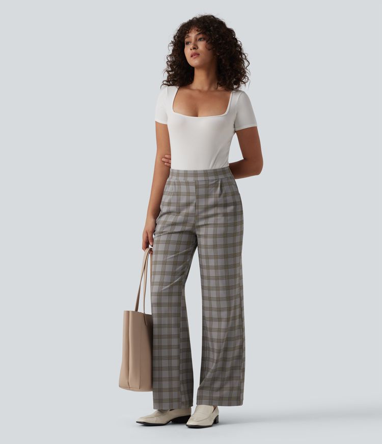 Halara Flex™ Pantalon de travail à taille haute, à jambe large et à carreaux, avec poches