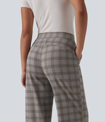 Halara Flex™ Pantalon de travail à taille haute, à jambe large et à carreaux, avec poches