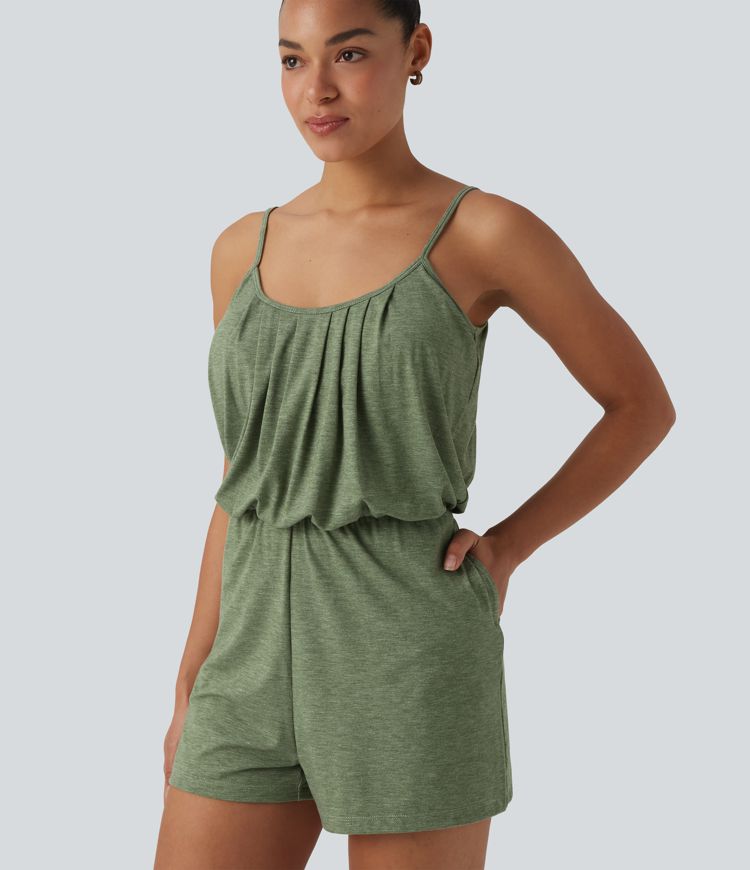 Combishort décontractée col U bretelles ajustables plissée avec brassière intégrée et poches - Easy Peasy