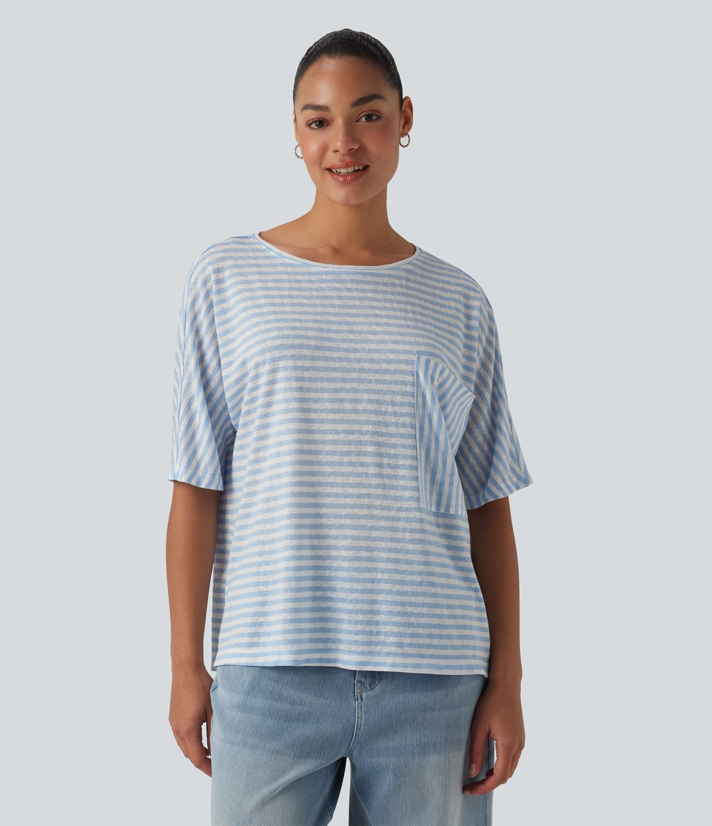 Round Neck Batwing Sleeve Stripes Lyocell Casual T-Shirt with Chest Pocket