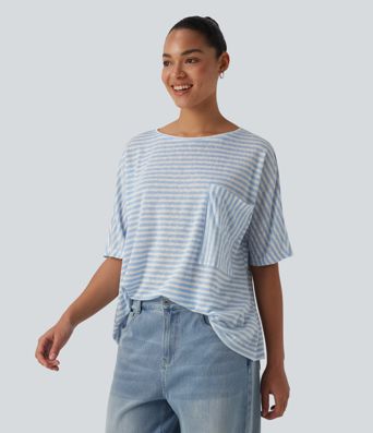 Round Neck Batwing Sleeve Stripes Lyocell Casual T-Shirt with Chest Pocket