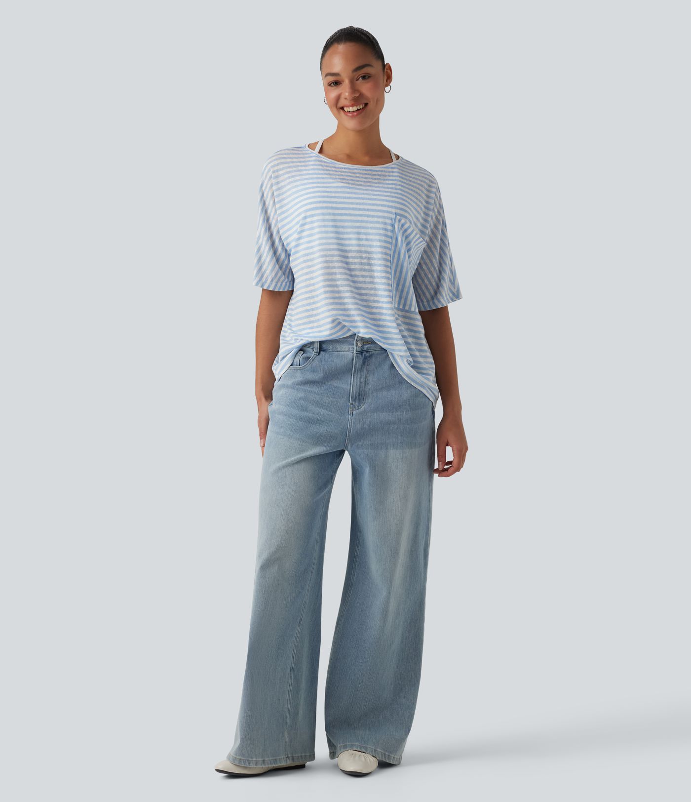 Round Neck Batwing Sleeve Stripes Lyocell Casual T-Shirt with Chest Pocket