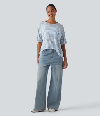 Round Neck Batwing Sleeve Stripes Lyocell Casual T-Shirt with Chest Pocket