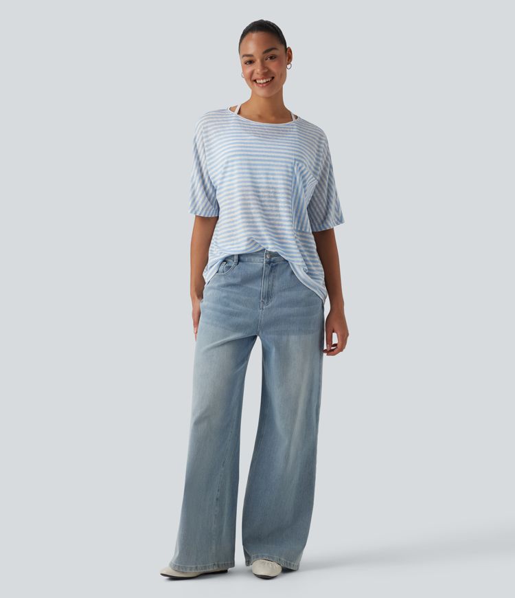 Round Neck Batwing Sleeve Stripes Lyocell Casual T-Shirt with Chest Pocket