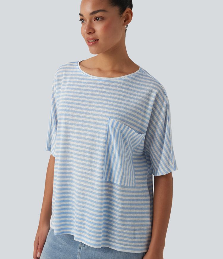 Round Neck Batwing Sleeve Stripes Lyocell Casual T-Shirt with Chest Pocket