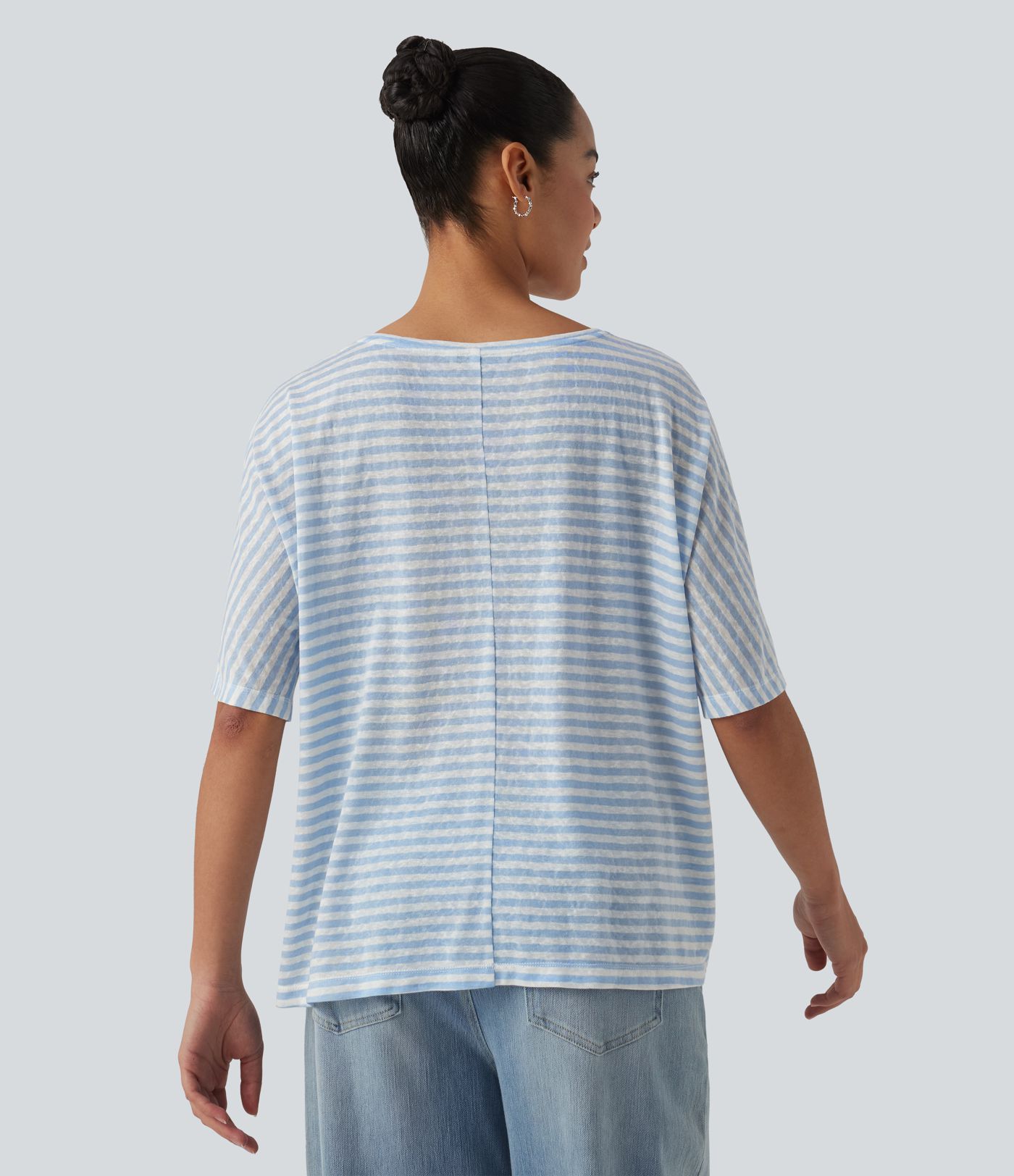 Round Neck Batwing Sleeve Stripes Lyocell Casual T-Shirt with Chest Pocket