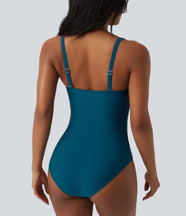 Geraffter Badeanzug mit Queen-Anne-Ausschnitt, verstellbaren Trägern und Bauchkontrolle - Push-Up