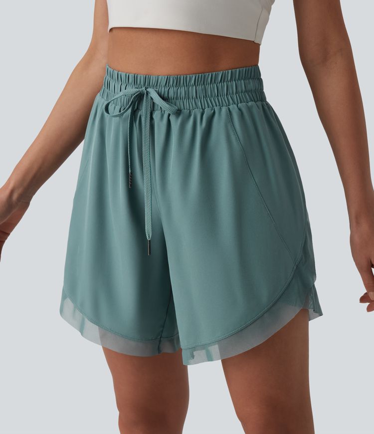 Short de yoga 2-en-1 fluide maille contrastante taille mi-haute 17,5 cm avec cordon de serrage