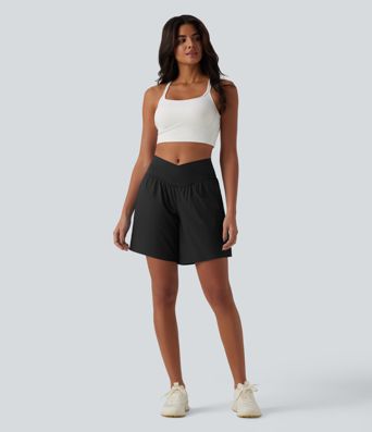 Breezeful™ High Waisted Crossover 2-in-1 Quick Dry Yoga Shorts 7'' with Pockets