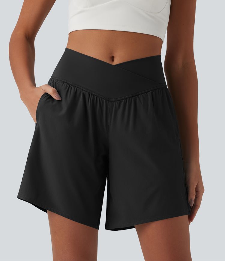 Breezeful™ High Waisted Crossover 2-in-1 Quick Dry Yoga Shorts 7'' with Pockets