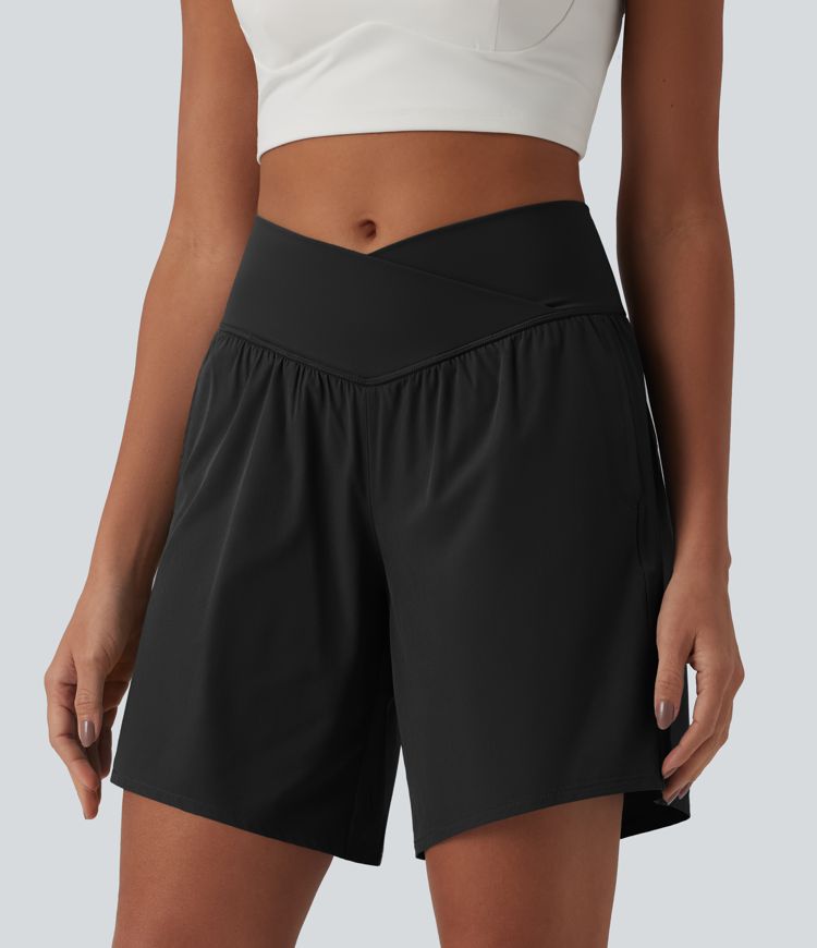 Breezeful™ High Waisted Crossover 2-in-1 Quick Dry Yoga Shorts 7'' with Pockets