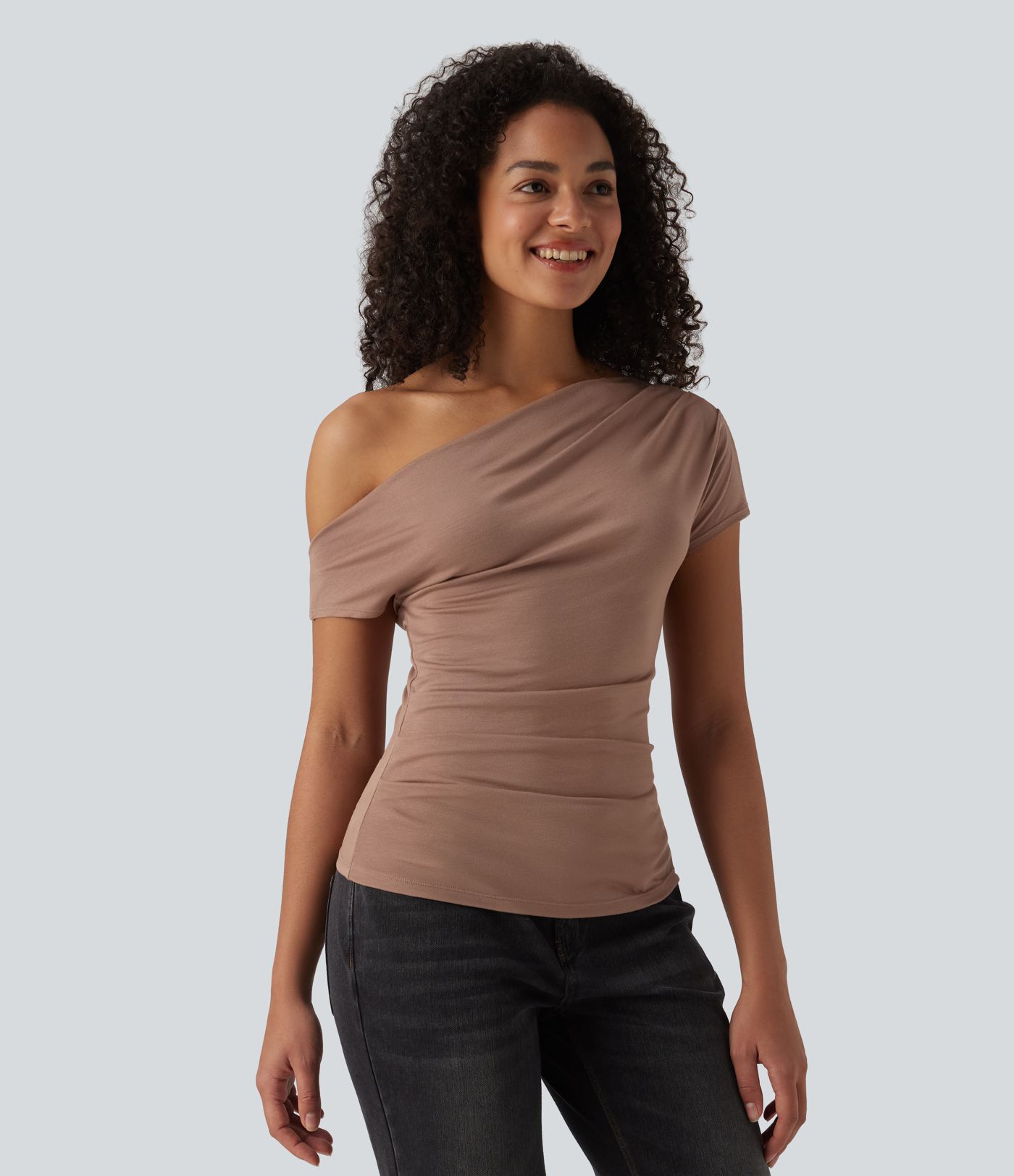 Ribbed One Shoulder Short Sleeve Casual Top