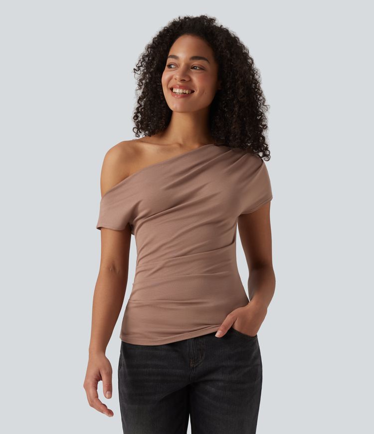 Ribbed One Shoulder Short Sleeve Casual Top