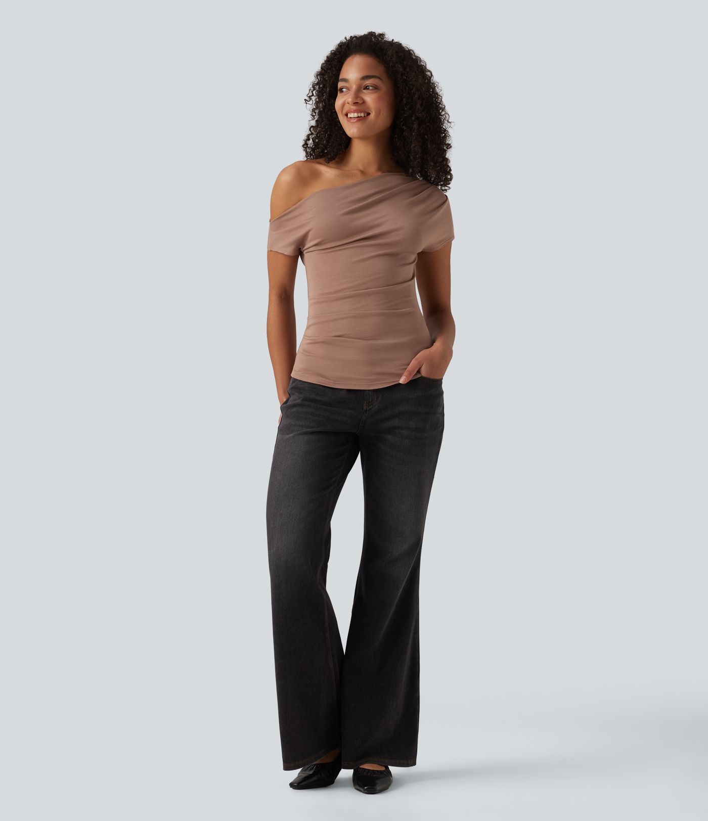 Ribbed One Shoulder Short Sleeve Casual Top