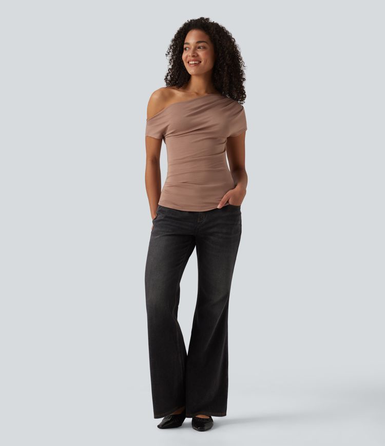 Ribbed One Shoulder Short Sleeve Casual Top