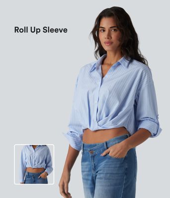 Collar Roll Up Sleeve Twisted High Low Stripes Casual Shirt