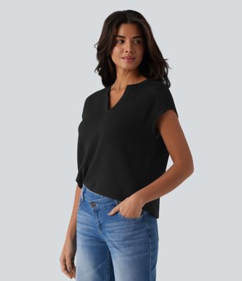 Semi Sheer Notched Short Sleeve Casual T-Shirt