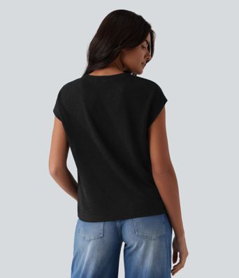 Semi Sheer Notched Short Sleeve Casual T-Shirt