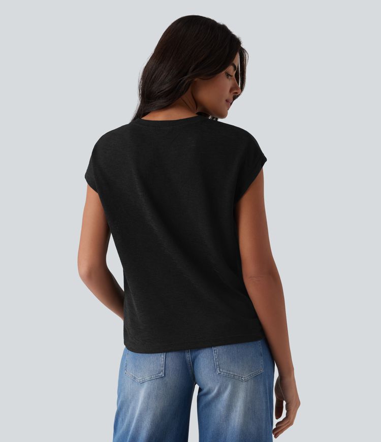 Semi Sheer Notched Short Sleeve Casual T-Shirt