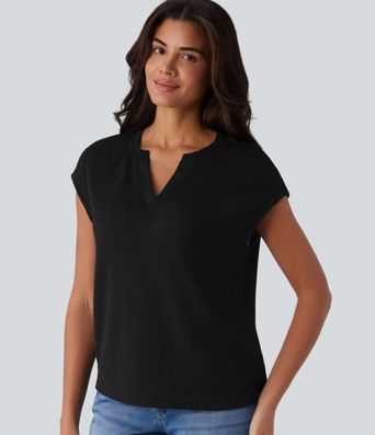 Semi Sheer Notched Short Sleeve Casual T-Shirt