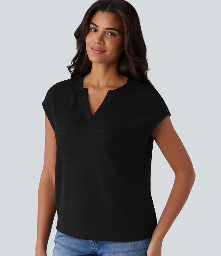Semi Sheer Notched Short Sleeve Casual T-Shirt