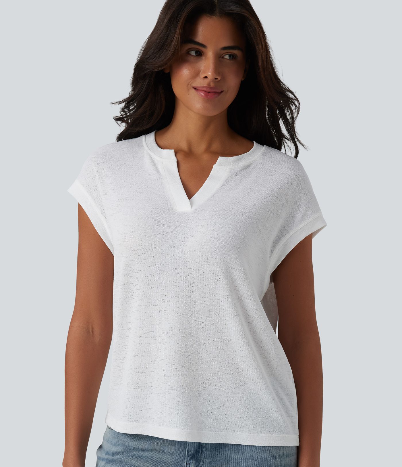 Semi Sheer Notched Short Sleeve Casual T-Shirt