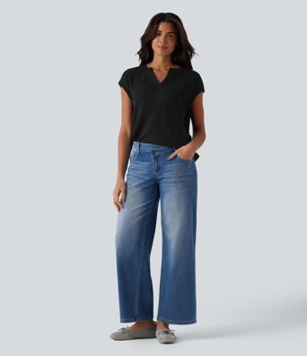 Semi Sheer Notched Short Sleeve Casual T-Shirt