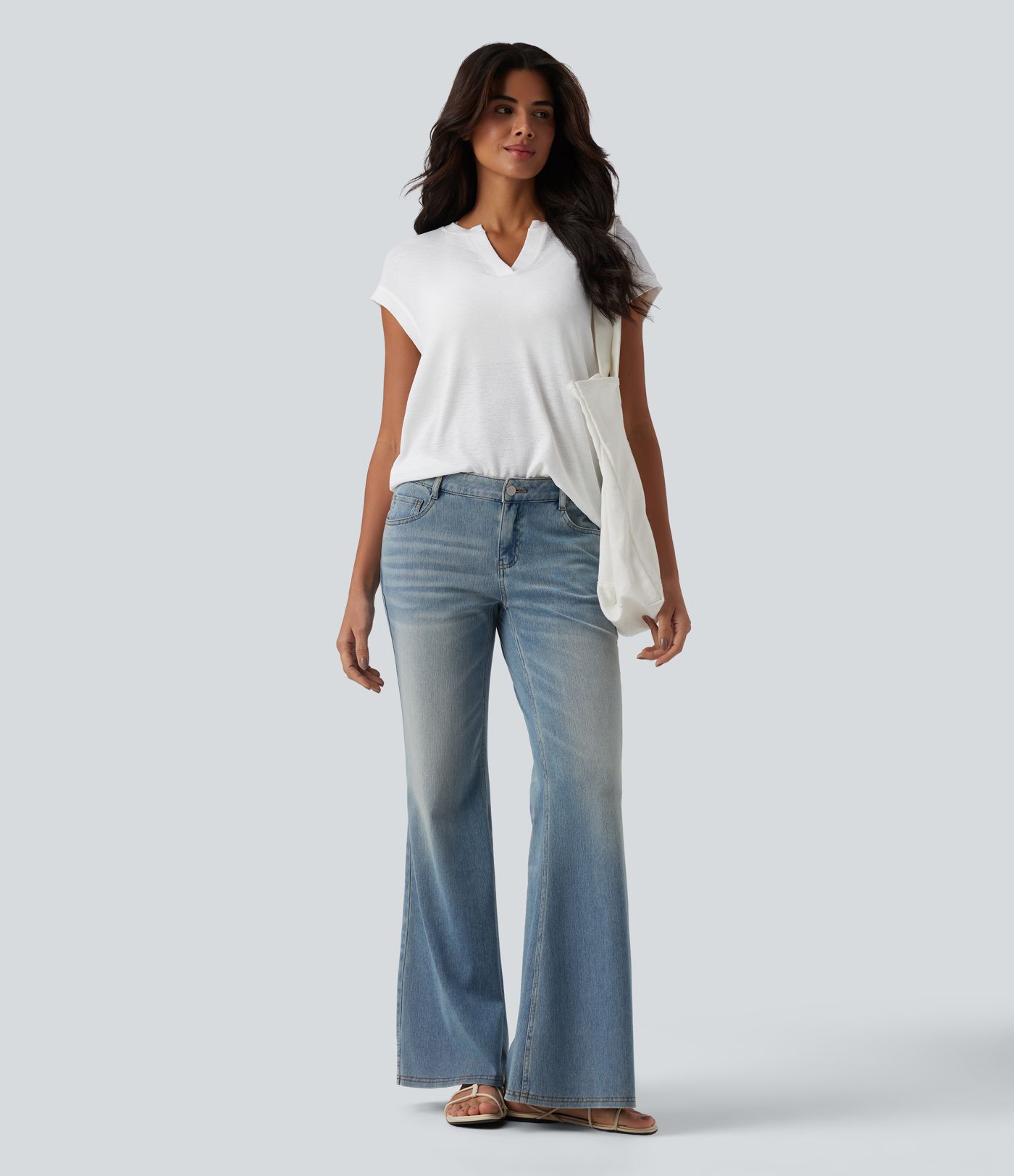 Semi Sheer Notched Short Sleeve Casual T-Shirt