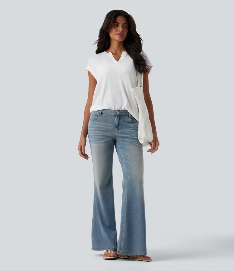 Semi Sheer Notched Short Sleeve Casual T-Shirt