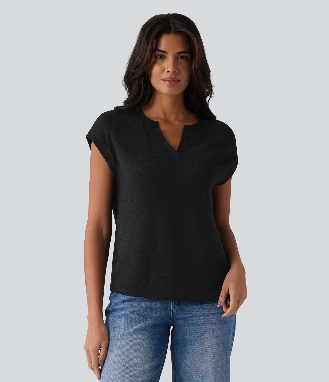 Semi Sheer Notched Short Sleeve Casual T-Shirt