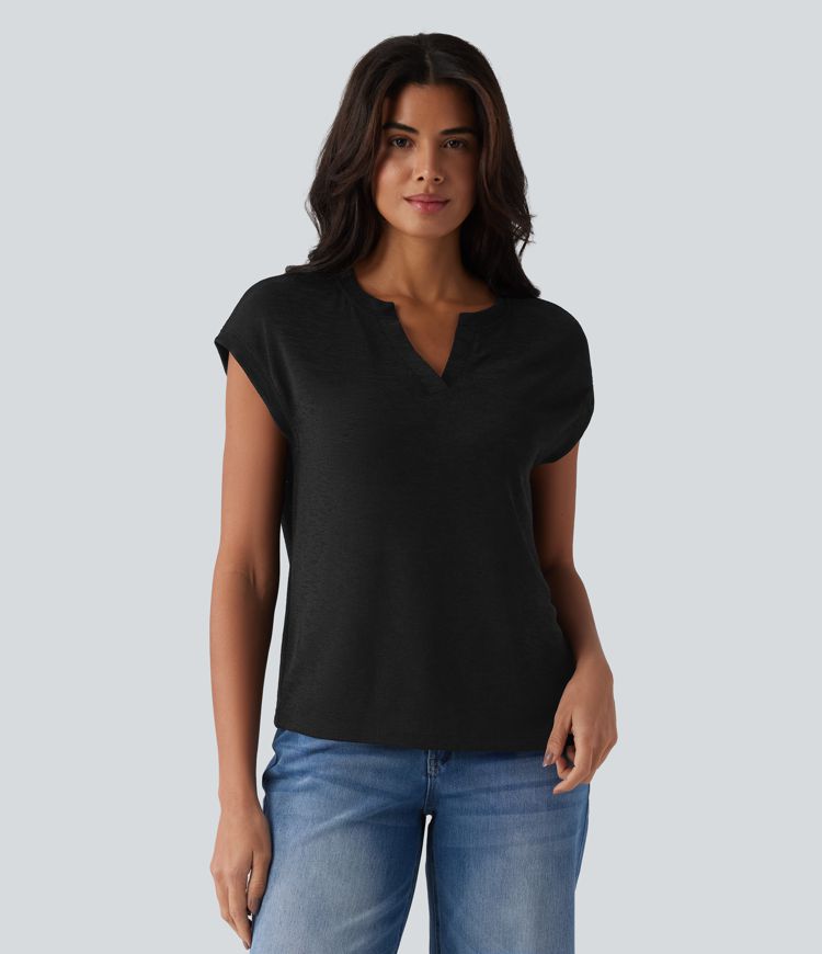 Semi Sheer Notched Short Sleeve Casual T-Shirt