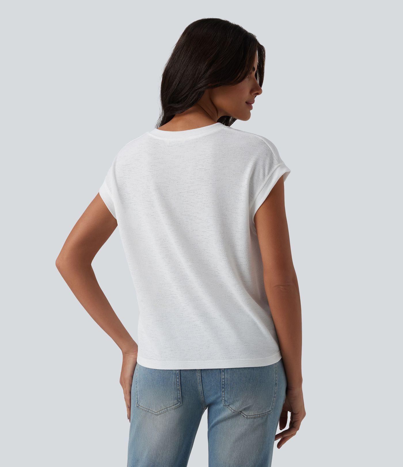 Semi Sheer Notched Short Sleeve Casual T-Shirt