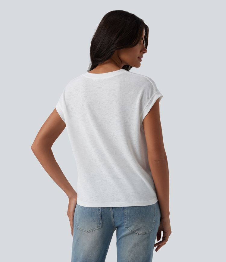 Semi Sheer Notched Short Sleeve Casual T-Shirt
