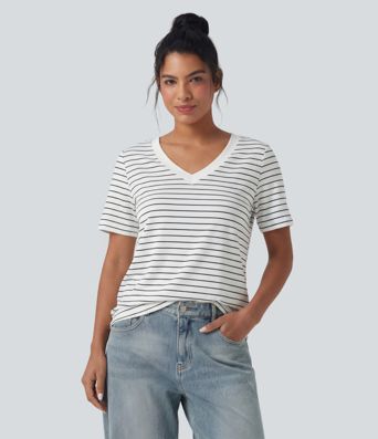 V Neck Short Sleeve Stripe Casual T-Shirt