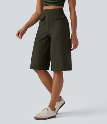 Gerippte Strick-Caprihose mit hoher Taille, schnell trocknend, lässig, weit geschnitten und mit Klappentaschen - UPF50+