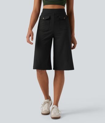 Ribbed Knit High Waisted Pedal Pushers Quick Dry Casual Wide Leg Pants with Flap Pockets-UPF50+