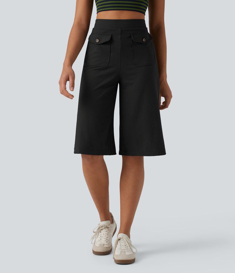 Ribbed Knit High Waisted Pedal Pushers Quick Dry Casual Wide Leg Pants with Flap Pockets-UPF50+