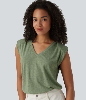 V-neck Cap Sleeve Casual Bodysuit with Shoulder Pads