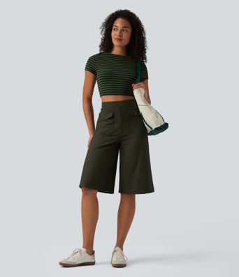 Gerippte Strick-Caprihose mit hoher Taille, schnell trocknend, lässig, weit geschnitten und mit Klappentaschen - UPF50+