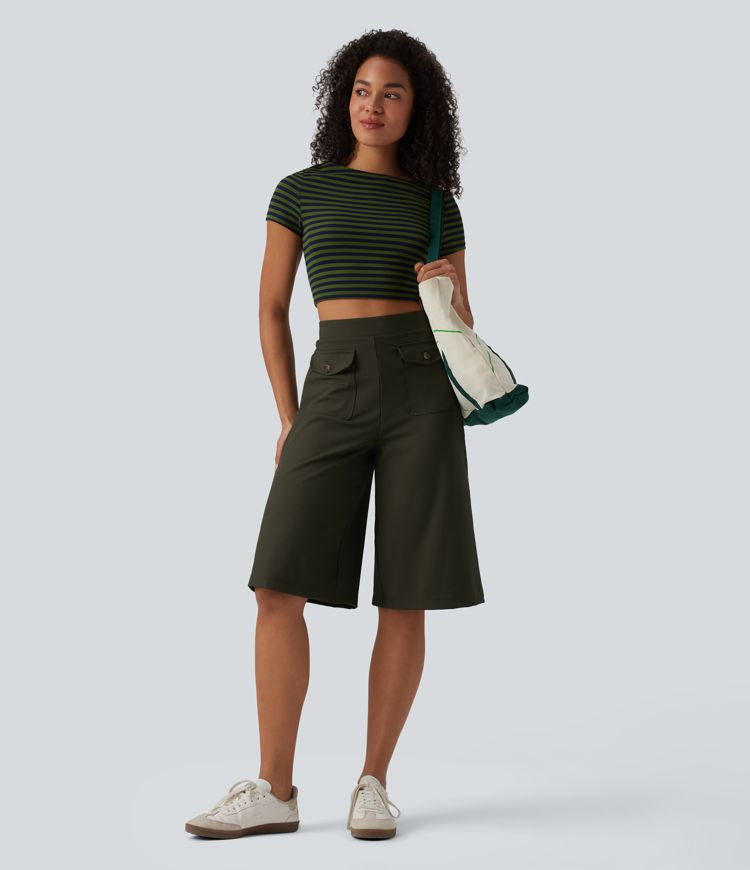 Gerippte Strick-Caprihose mit hoher Taille, schnell trocknend, lässig, weit geschnitten und mit Klappentaschen - UPF50+