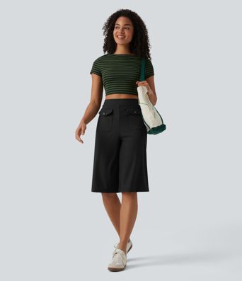 Ribbed Knit High Waisted Pedal Pushers Quick Dry Casual Wide Leg Pants with Flap Pockets-UPF50+