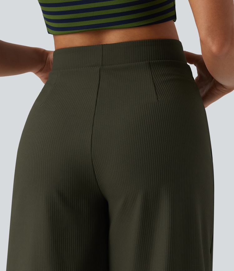 Gerippte Strick-Caprihose mit hoher Taille, schnell trocknend, lässig, weit geschnitten und mit Klappentaschen - UPF50+