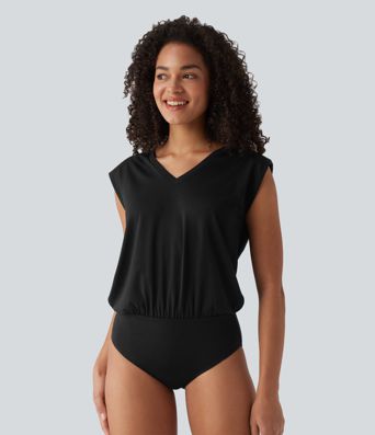 V-neck Cap Sleeve Casual Bodysuit with Shoulder Pads V-neck Cap Sleeve Casual Bodysuit with Shoulder Pads