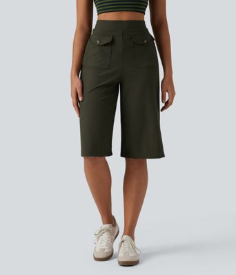 Gerippte Strick-Caprihose mit hoher Taille, schnell trocknend, lässig, weit geschnitten und mit Klappentaschen - UPF50+