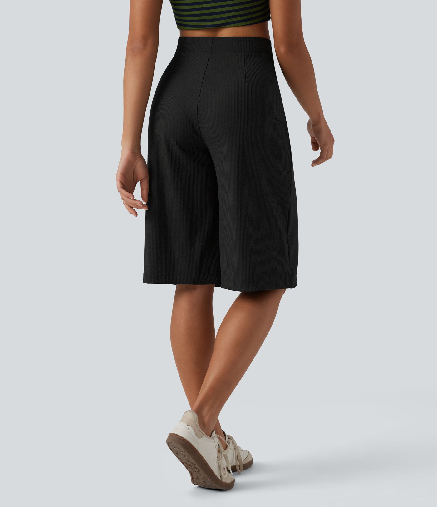 Ribbed Knit High Waisted Pedal Pushers Quick Dry Casual Wide Leg Pants with Flap Pockets-UPF50+