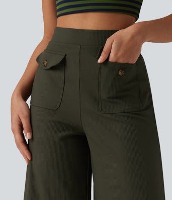 Gerippte Strick-Caprihose mit hoher Taille, schnell trocknend, lässig, weit geschnitten und mit Klappentaschen - UPF50+