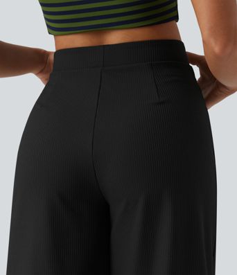 Ribbed Knit High Waisted Pedal Pushers Quick Dry Casual Wide Leg Pants with Flap Pockets-UPF50+