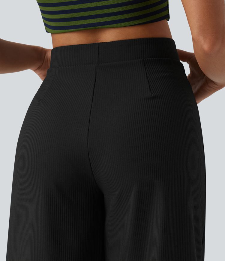Ribbed Knit High Waisted Pedal Pushers Quick Dry Casual Wide Leg Pants with Flap Pockets-UPF50+