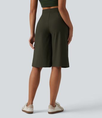 Gerippte Strick-Caprihose mit hoher Taille, schnell trocknend, lässig, weit geschnitten und mit Klappentaschen - UPF50+