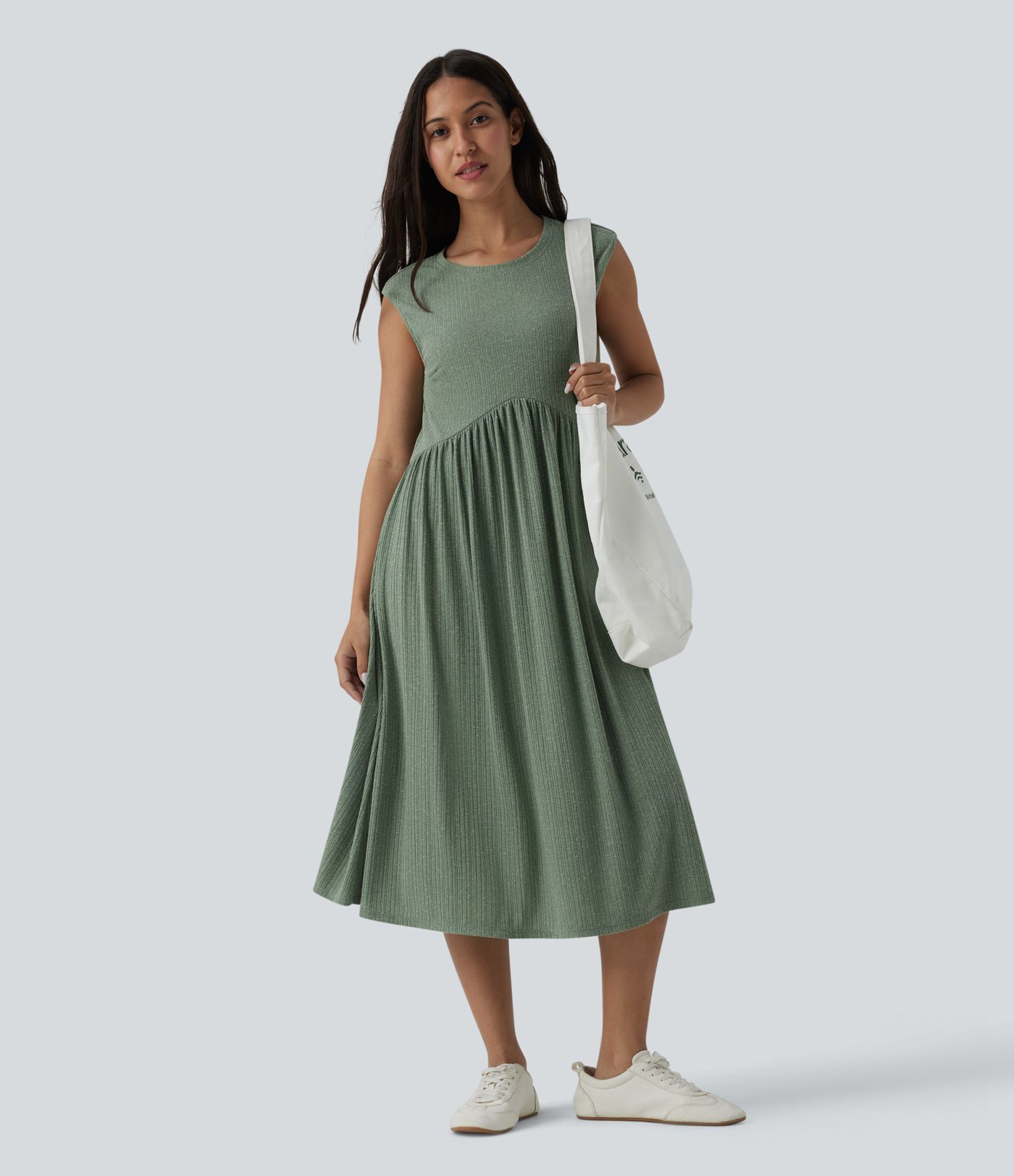 Ribbed Knit Round Neck Sleeveless Flowy Midi Casual Linen-Blend Dress
